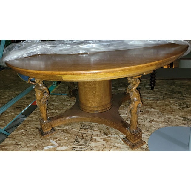 Traditional 1876 Dining Table "Lady Liberty", Hand Carved Quarter Sawn Oak With 12 Leaves For Sale - Image 3 of 8
