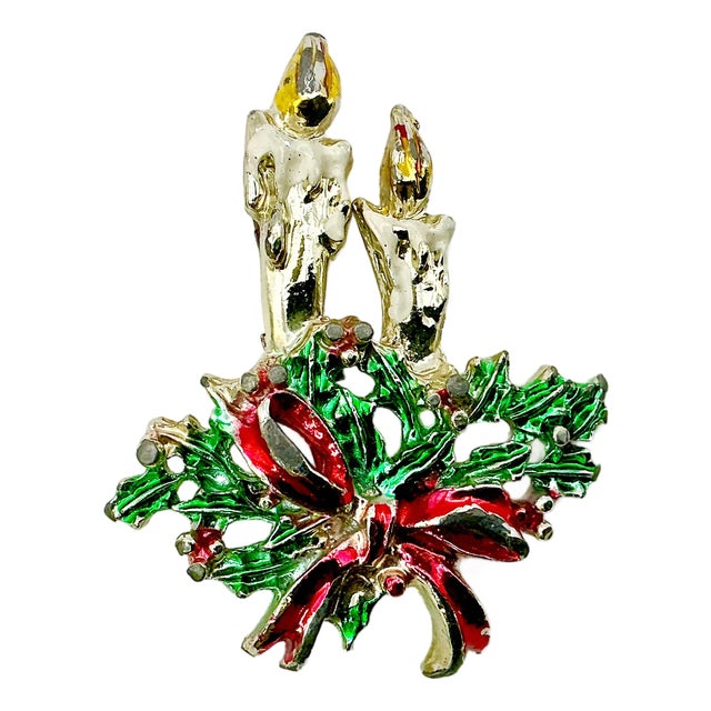 1960s Vintage Boho Chic Americana Double Candlestick With Holly & Red Ribbon Christmas Brooch For Sale