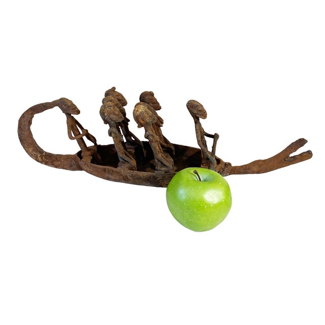 African Vintage Lg Dogon Bronze Chameleon Pirogue /Boat W/ Figures , Mali 15.5" W For Sale - Image 3 of 8