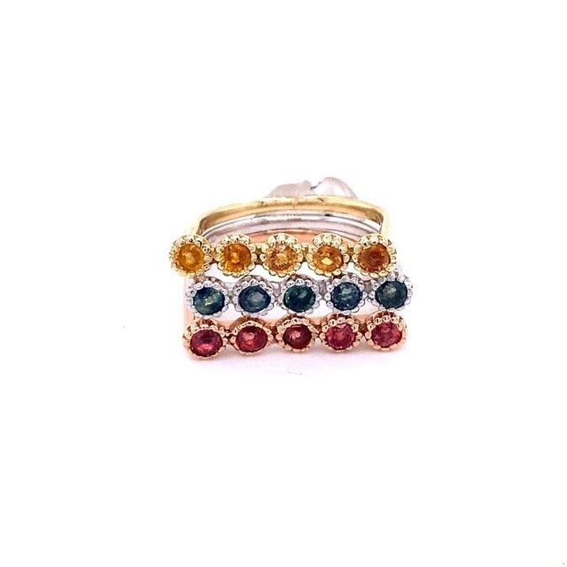 1.78 Carat Multicolor Sapphire Gold Stackable Bands, Size 7 For Sale - Image 4 of 10