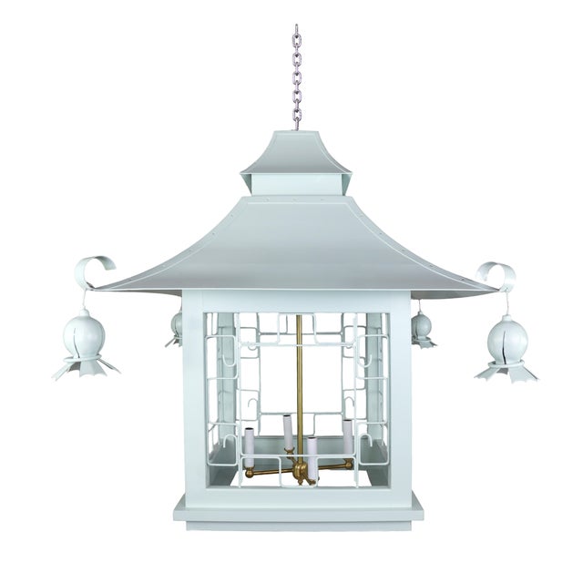 Vintage Chinoiserie Light Blue Iron Four-Lamp Pagoda Chandelier For Sale - Image 11 of 11