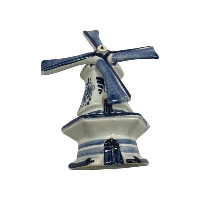 Navy Blue Vintage Ceramic Delft Blue and White Windmill Figurines - A Pair For Sale - Image 8 of 12