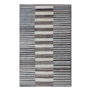 Modern Flat-Weave Large Kilim With Blue Ivory Brown and Charcoal Stripes For Sale