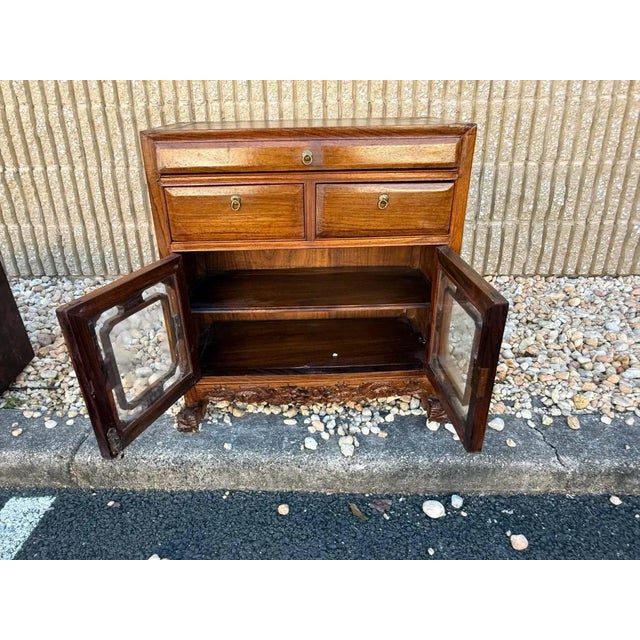 Vintage Chinoiserie Style Carved Teak Wood Display Side Cabinet For Sale - Image 18 of 18