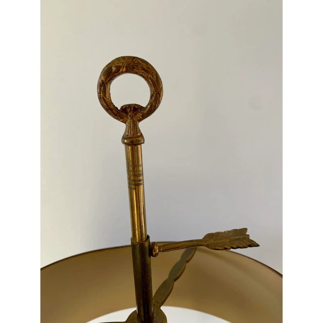 A gorgeous French Provincial or English Country style brass three-arm horn bouillotte lamp with red & gold tole shade USA,...