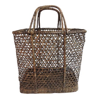 Vintage Rattan Basket With Handles For Sale