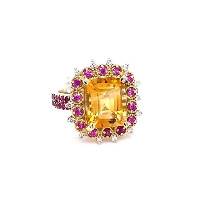 5.31 Carat Citrine Sapphire Diamond Yellow Gold Engagement Ring This gorgeous ring has a beautiful Emerald Cut Citrine...