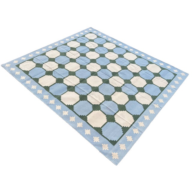 Not Yet Made - Made To Order Handmade Cotton Rug Vegetable Dyed Sky Blue and Green Tile Pattern Gingham Dhurrie - 10'x14' For Sale - Image 11 of 11
