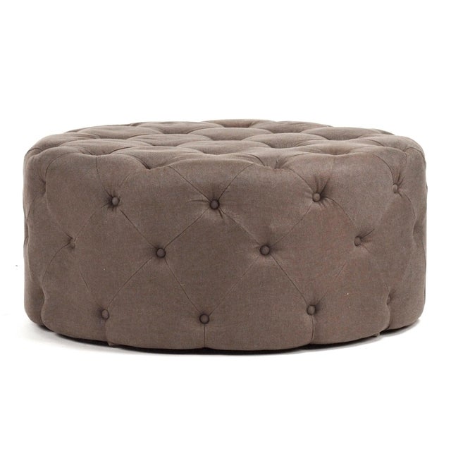French Country Round Tufted Ottoman - Eggplant Brown Linen For Sale - Image 3 of 4