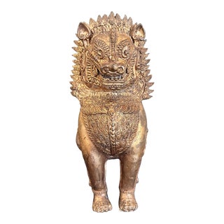 Vintage Khmer Thai Guardian Temple Singha Lion in Gilt Bronze For Sale