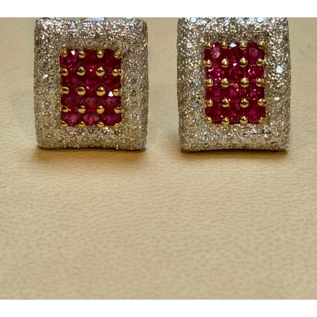 Arts & Crafts Estate 3 Ct Ruby & 3 Ct Diamonds Square Post Earrings 18 Karat Yellow Gold 13.5G For Sale - Image 3 of 18
