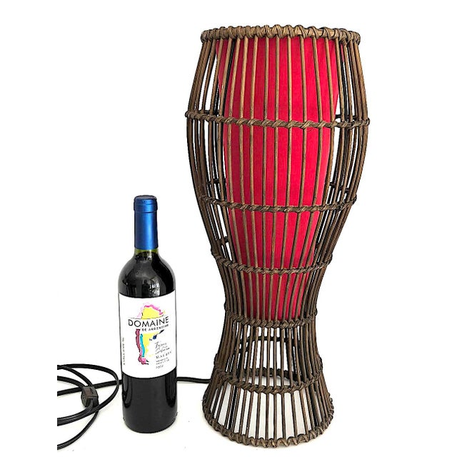 Mid-Century Modern Vintage Rattan Cage Lamp With Ruby Red Shade For Sale - Image 3 of 12