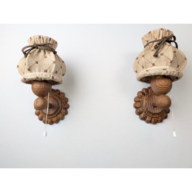 Swedish Carved Pine Wall Sconces with Jute Shades, 1970s, Set of 2 For Sale - Image 6 of 16