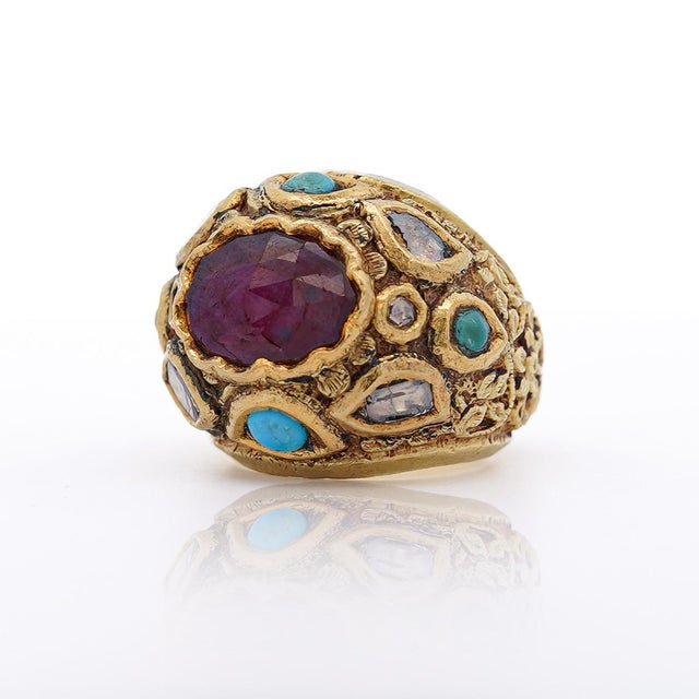 Vintage Ruby Rose Cut Diamond & Turquoise 18k Gold Ring, Size 8 For Sale In Miami - Image 6 of 7