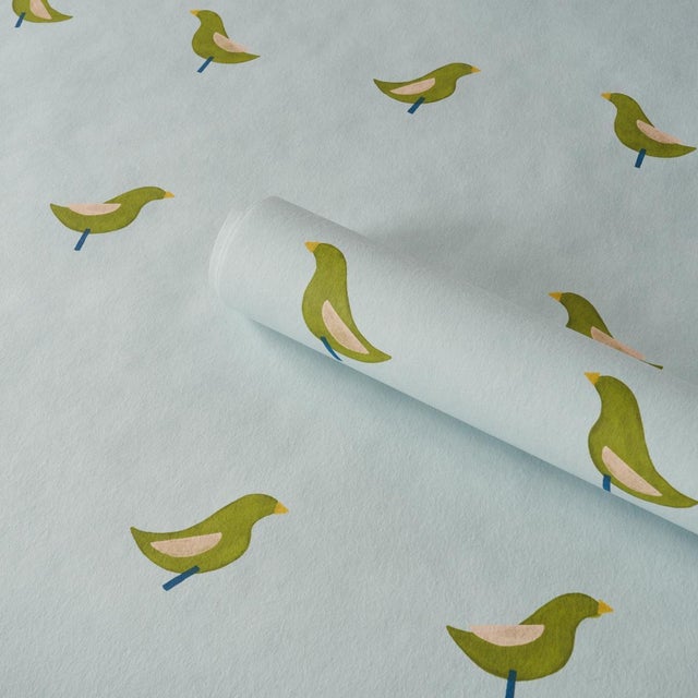Schumacher Sample - Schumacher Birds Print Wallcovering In Green On Sky For Sale - Image 4 of 5
