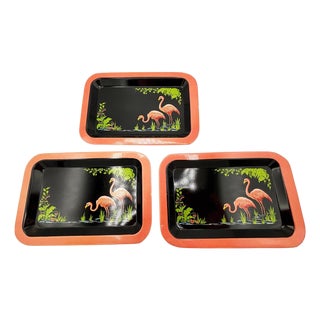 1950s Mid-Century Black & Pink Flamingo Enameled Tin Tray, Set of 3 For Sale