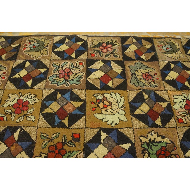 1930s Brown Floral Geometric Folk Art Antique American Hooked Rug 5'4" X 8'8" Hand Knotted Wool Carpet For Sale - Image 4 of 6