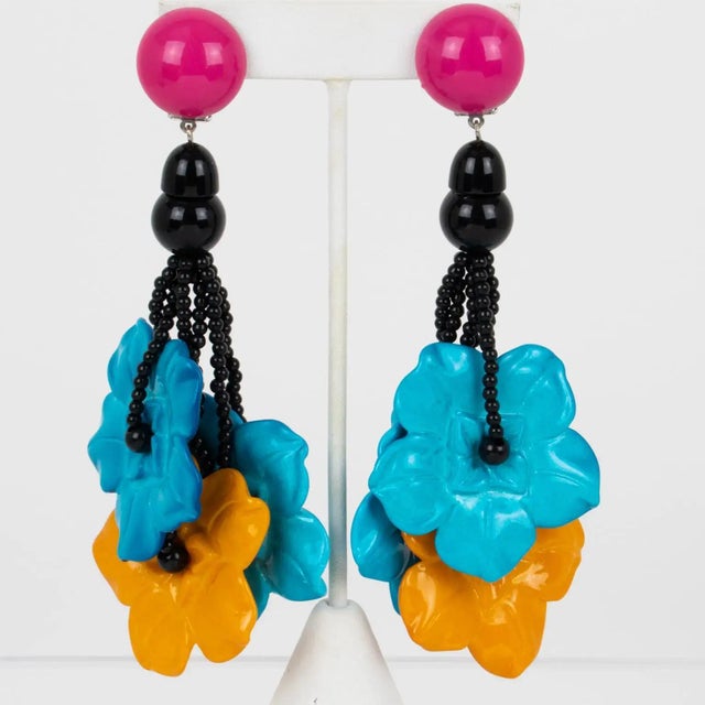 Angela Caputi Angela Caputi Saffron and Turquoise Flower Resin Clip Earrings For Sale - Image 4 of 8