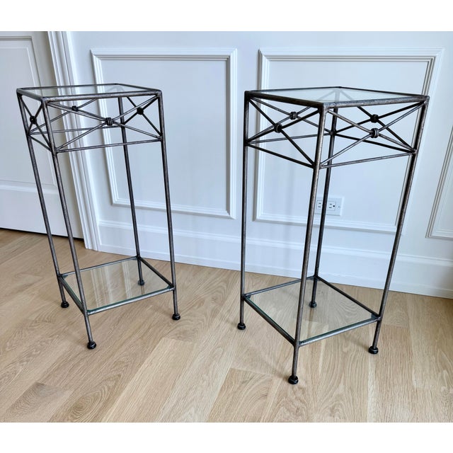 Contemporary Pair of Vintage Silvered Iron Neoclassical Pedestals / Side Tables / Plant Stands For Sale - Image 3 of 10