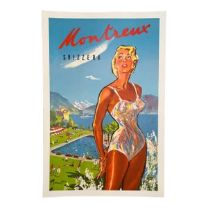 Swiss Travel Poster Montreux by Pierre Brenot Circa 1950 View Mont Blanc Lake Geneva