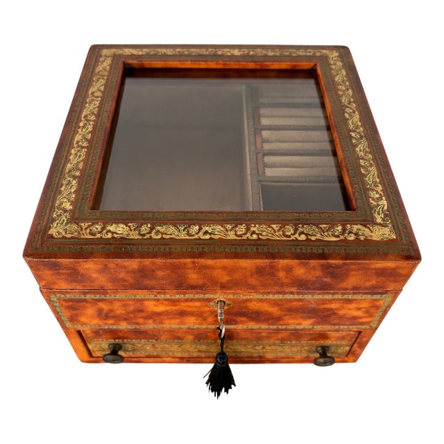 Vintage Italian Florentine Gold Embossed Leather Wrapped Jewelry Box With Key For Sale