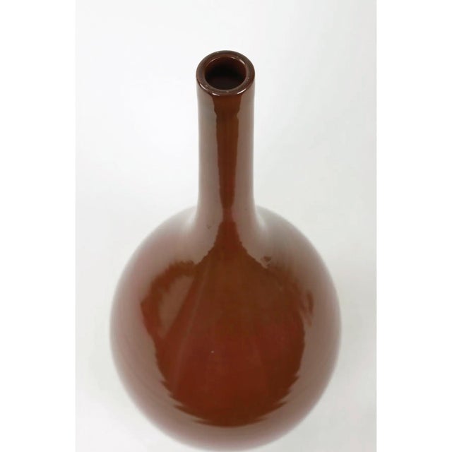 Asian Pair of Vintage Brown Oxblood Gloss Porcelain Flask Vase For Sale - Image 3 of 8