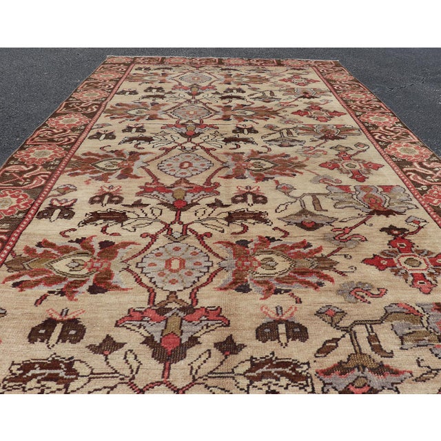 Textile Vintage Oushak Rug From Turkey With All-Over Floral Design in Ivory, Brown & Red For Sale - Image 7 of 13
