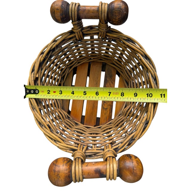 Brown Vintage Wicker Basket With Turned Wood Double Ball Finial Handles - Boho Coastal Folk Art For Sale - Image 8 of 11