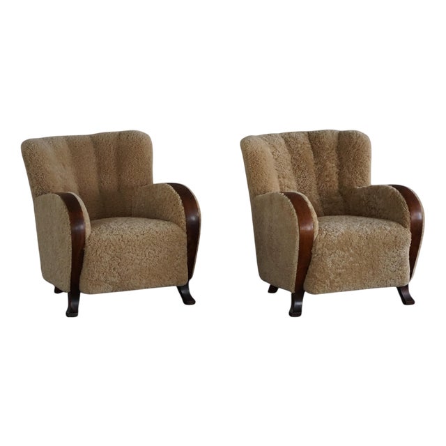 Art Deco Danish Lounge Chairs in Lambswool and Birch, 1930s, Set of 2 For Sale
