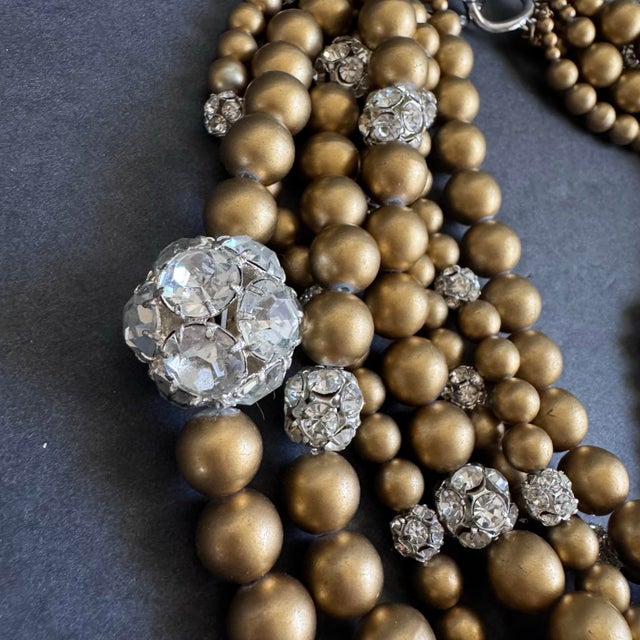 Vintage Multi-Strand Beaded Necklace Chunky Statement Cocktail Gold Rhinestone For Sale - Image 4 of 10