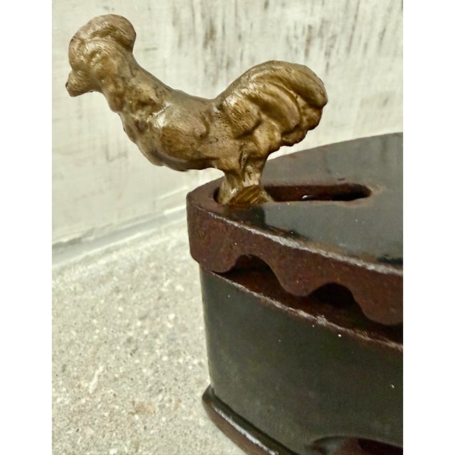Farmhouse Antique Cast Iron, Enamel Coated Charcoal Box Iron Featuring a Wooden Handle & a Distinctive Brass Rooster-Shaped Latch For Sale - Image 3 of 12
