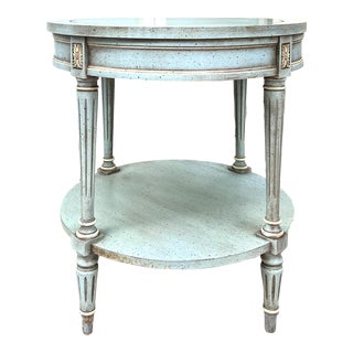 1950s Robin's Egg Blue Regency Style 2 Tiered Round Side Accent Table For Sale