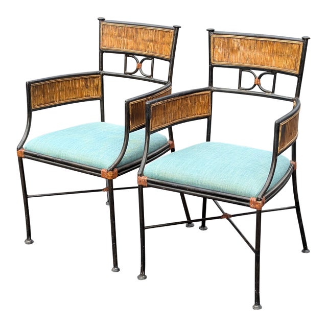 Vintage Wrought Iron and Bamboo Shaker Style Arm Chairs - A Pair For Sale