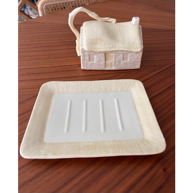 Ceramic 1980s Belleek Irish Cottage Covered Butter Dish 7th Gold/Brown Mark For Sale - Image 7 of 10