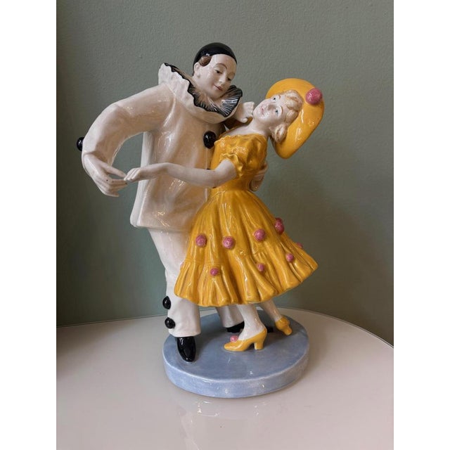 Harberger Ceramic Figurine, Pierrot and Pierrette Ceramic, painted in color, underside marked WKKW circa 1910/15 H: 34 cm,...