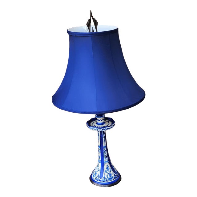 Antique Delft Candlestick Lamp With Navy Silk Shade For Sale