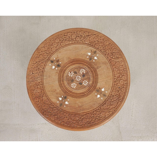 Mid 20th Century Moorish Style Carved Teak Inlaid Round Tabouret Drink Table For Sale - Image 5 of 18