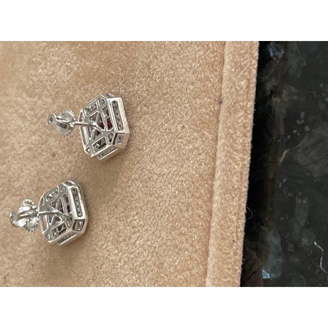 Ruby Red Princess Cut Natural Ruby and Diamond Stud Post Earrings 14 Karat White Gold For Sale - Image 8 of 18