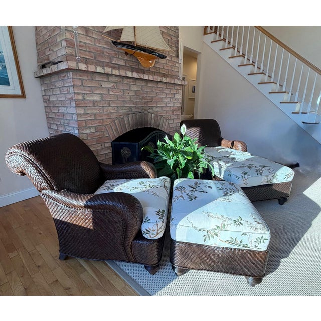 Rattan Wicker Lounge Chair and Ottoman by Hickory Chair in Colefax & Fowler by Mark Hampton For Sale - Image 12 of 18