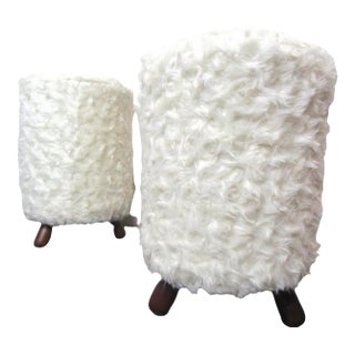 1970s Jean Royere Style Faux Fur Pair Stools For Sale