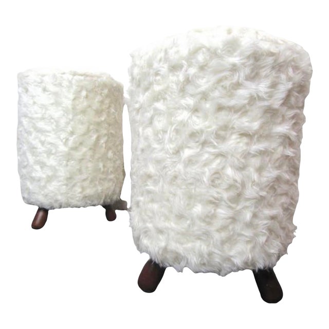 1970s Jean Royere Style Faux Fur Pair Stools For Sale