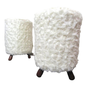 1970s Jean Royere Style Faux Fur Pair Stools