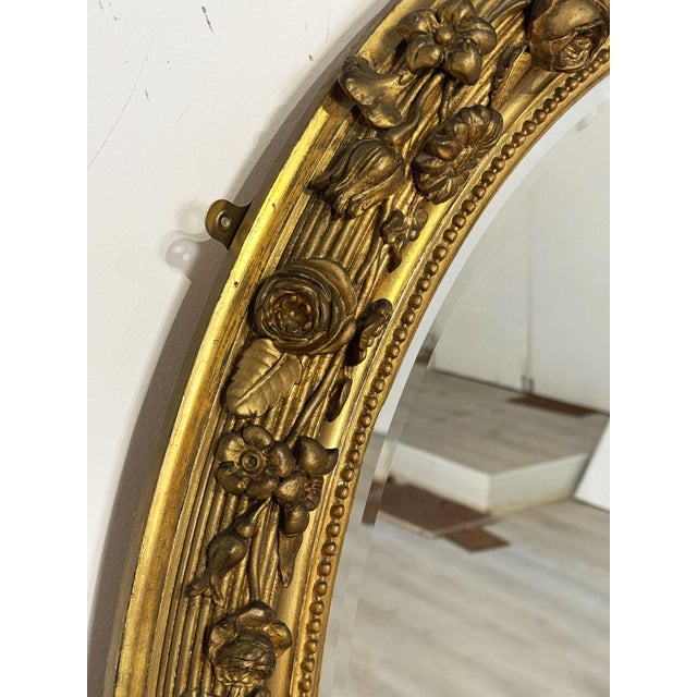 Large French Gilt Oval Beveled Wall Mirror With Ribbon Tied Crest and Frieze For Sale - Image 10 of 11