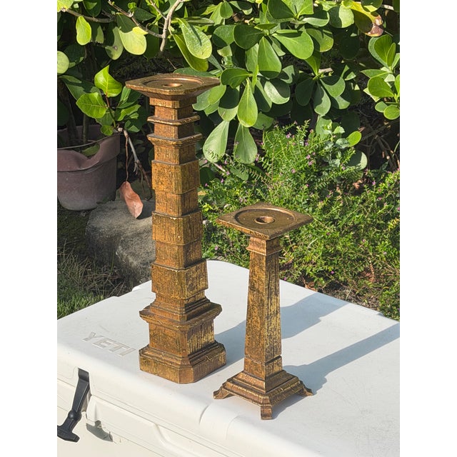 Vintage Brutalist Gilt Faux Bois Sculptural Candleholders, Graduated Pair For Sale In Naples, FL - Image 6 of 12