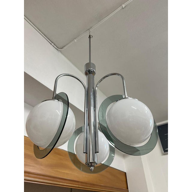 Metal Vintage Space Age Steel and Glass Pendant Light, 1970s For Sale - Image 7 of 11