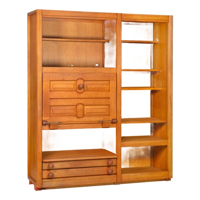 Guillerme Et Chambron Oak Secretary Desk Bookcase, France Circa 1960 For Sale
