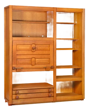 Guillerme Et Chambron Oak Secretary Desk Bookcase, France Circa 1960