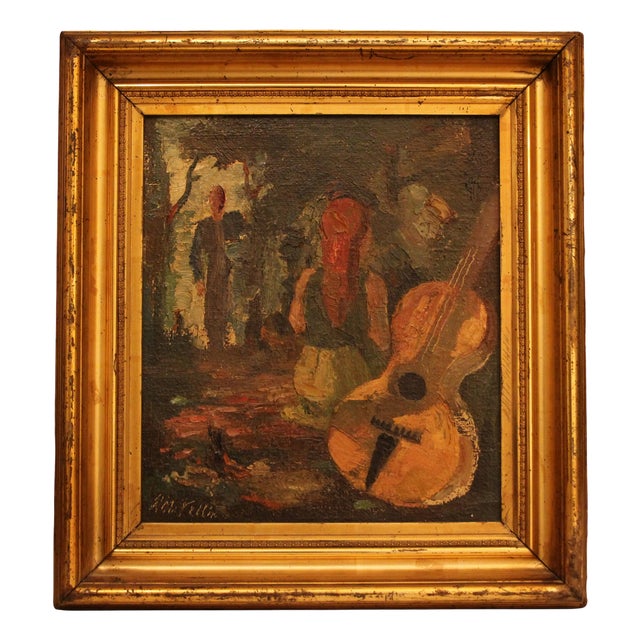 Unknown, Expressionist Figure with Guitar, 1900s-1910s, Oil on Panel, Framed For Sale