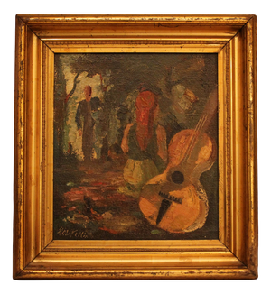 Unknown, Expressionist Figure with Guitar, 1900s-1910s, Oil on Panel, Framed