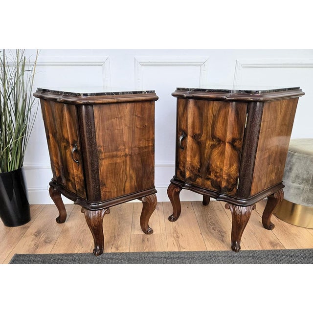 Italian Chippendale Walnut Nightstands with Marble Top, 1930s, Set of 2 For Sale - Image 9 of 10